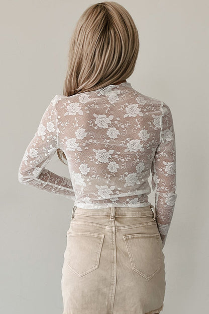 Top met col bloemenkant mesh en lange mouwen