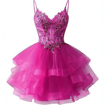Spaghetti Strap Beaded Sequined Puffy Evening Dress