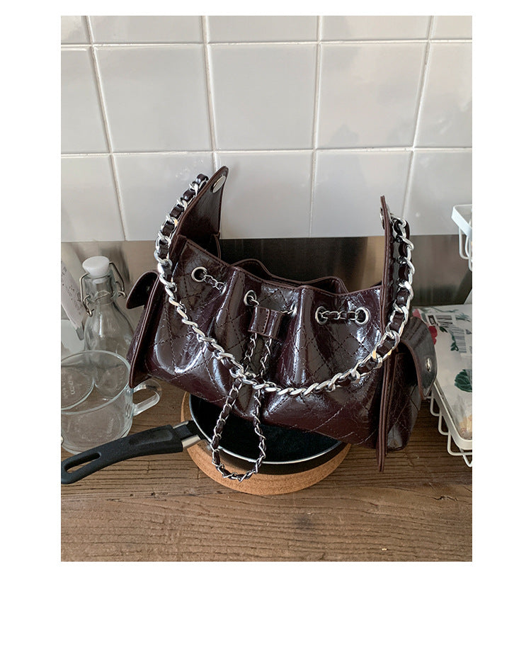 Women's Quilted Diamond Pattern PU Leather Chain Drawstring Shoulder Bag