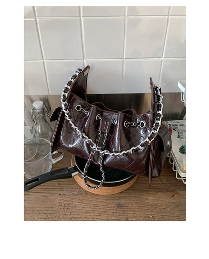 Women's Quilted Diamond Pattern PU Leather Chain Drawstring Shoulder Bag