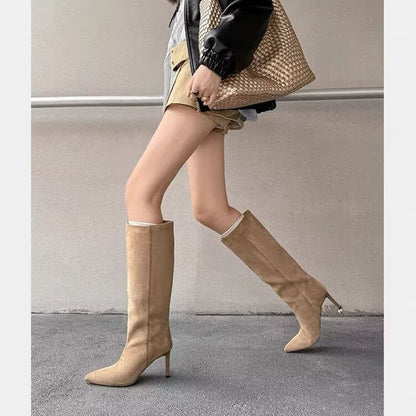 Pointed-toe, stiletto-heeled, suede straight-leg boots