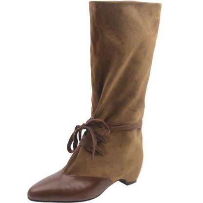 Retro Pointed-Toe Lace-Up Boots Women's Wide-Top High-Heel Knights Boots