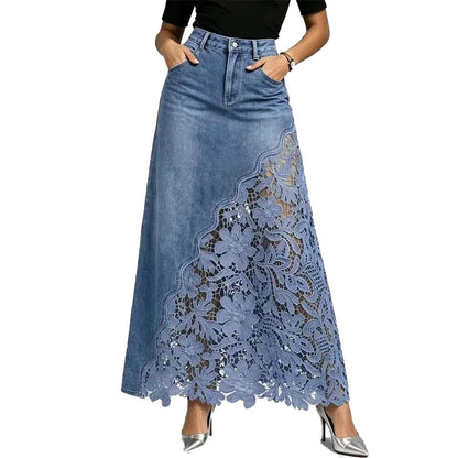 Womens Washed Denim Lace Patchwork Long Bodycon Skirt