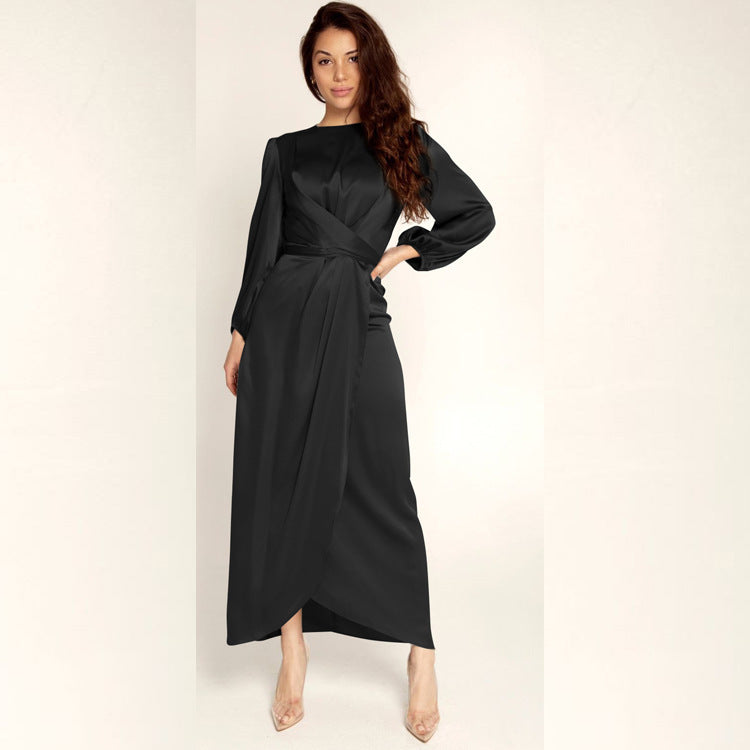 Elegant Satin Tie-Waist Long Dress