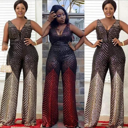 Sexy hoge stretch jumpsuit met diepe V-hals en pailletten