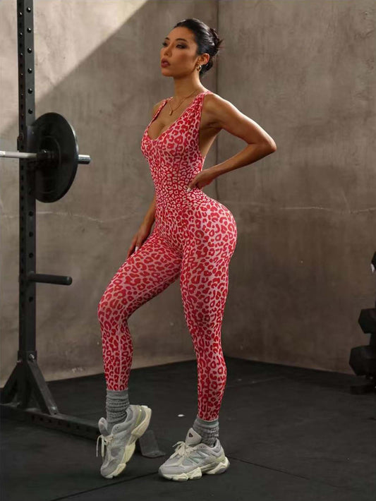 Women Leopard Print One Piece Yoga Suit