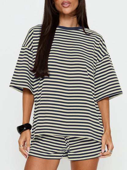 Striped Short Sleeve Top and Drawstring Shorts Set
