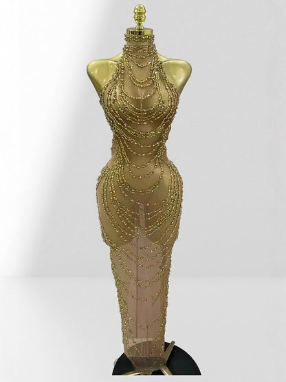 Luxury Gold Rhinestone Mesh Party Dress