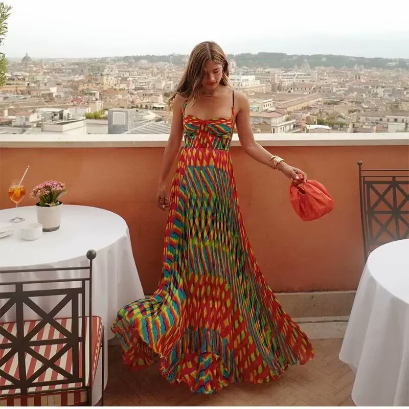 Elegant Suspender Printed Dress