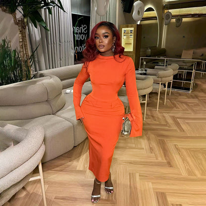 Elegante slanke ronde hals jurk met uitlopende mouwen Amerikaans