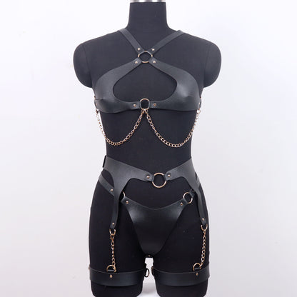 Adjustable PU Leather Bondage Jumpsuit with Chains