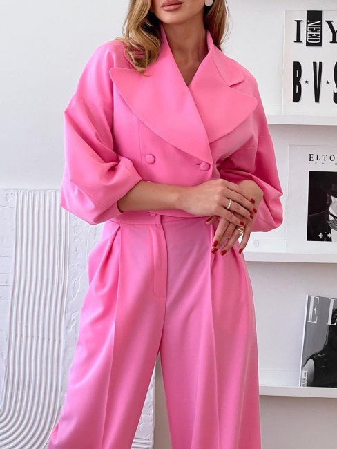 High-End effen kleur revers kort jasje en hoge taille broek pak of apart