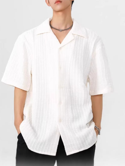 Cuban Collar Textured Short Sleeve Shirt