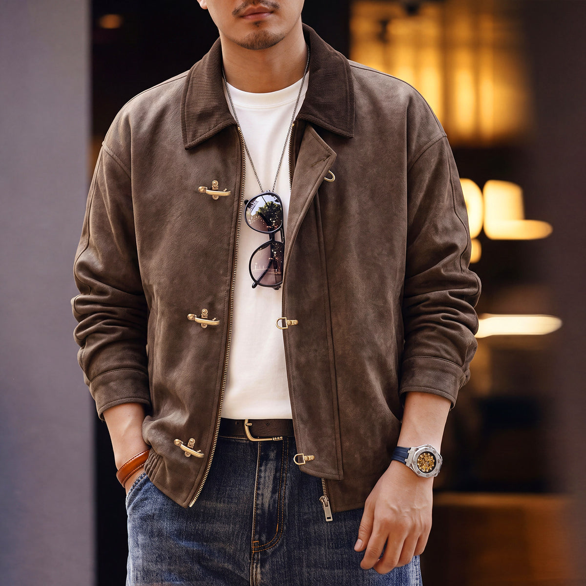 Men Vintage Turntable Collar PU Leather Jacket