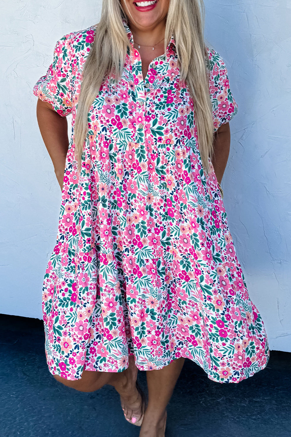 Roze A-lijn jurk met bloemenprint en halve knoopjes plus size