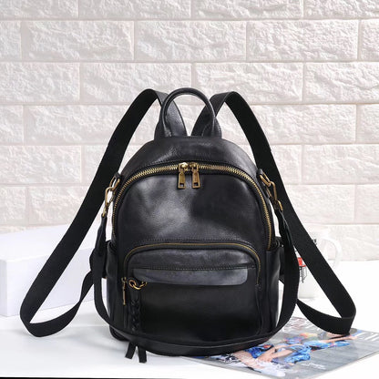 Genuine Leather Backpack Women First Layer Cowhide Retro Solid Color Student Schoolbag