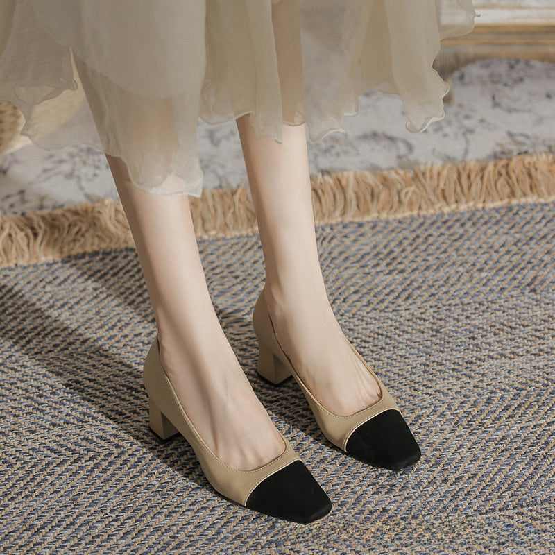 Women's Cowhide Square Toe Flats with 5cm Heel