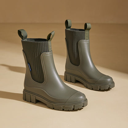 Women's Mid-Calf Waterproof PVC Non-Slip Rain Boots with Elastic Top