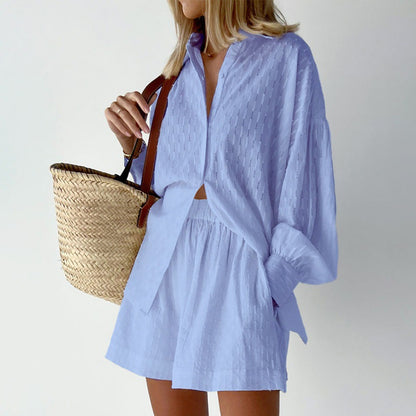 Dames jacquard blouse met lange pofmouwen en bijpassende shorts