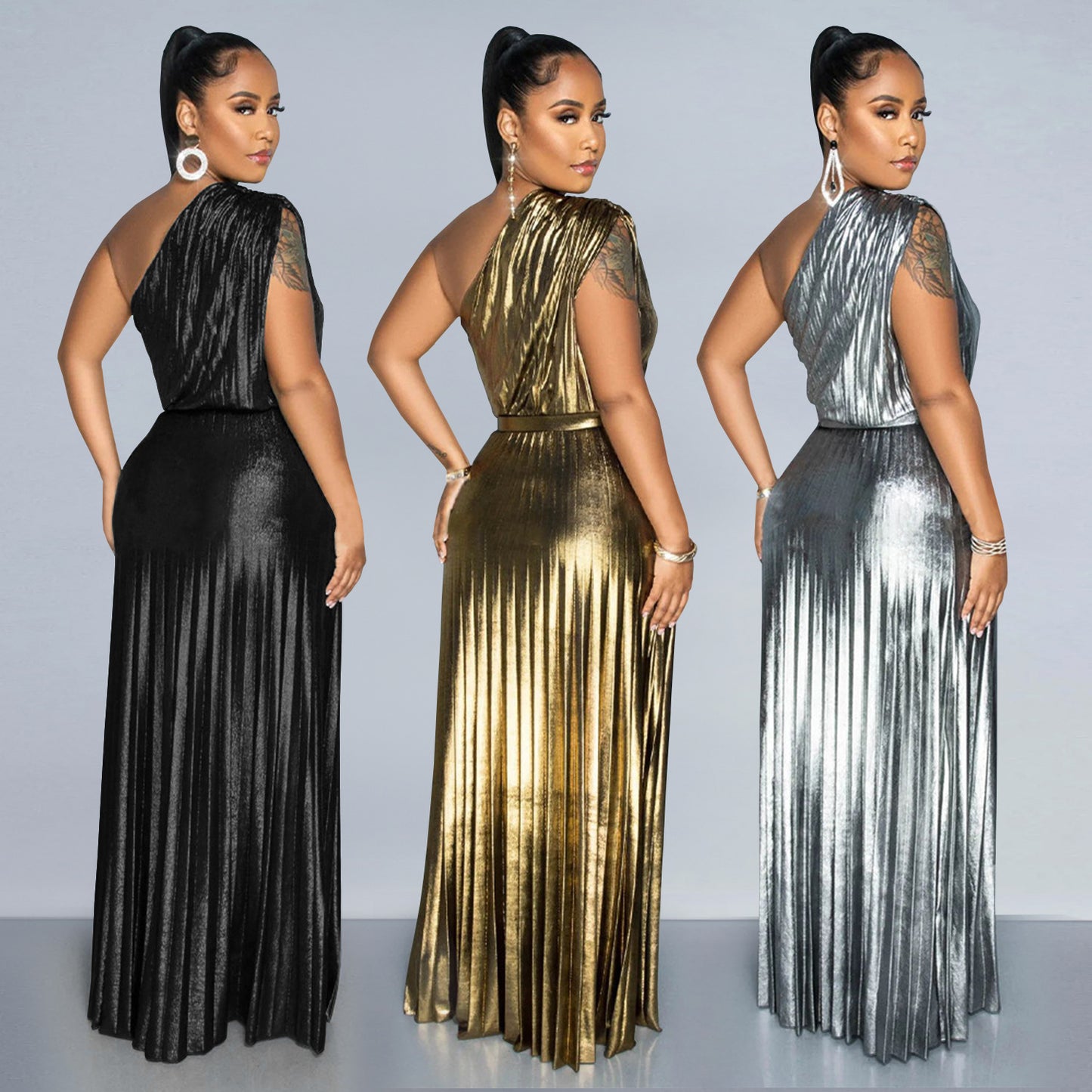 Amerikaans elegante schuine schouder effen geplooide jurk