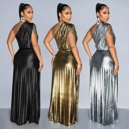 Amerikaans elegante schuine schouder effen geplooide jurk