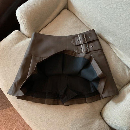 Womens High Waist Pleated PU Skirt