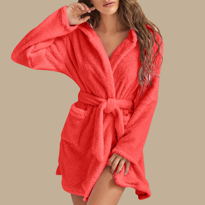 Womens Plush Hooded Bathrobe Warm Homewear