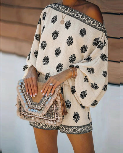 Bohemian Cross-Collar Lantern Sleeve Printed Jumpsuit