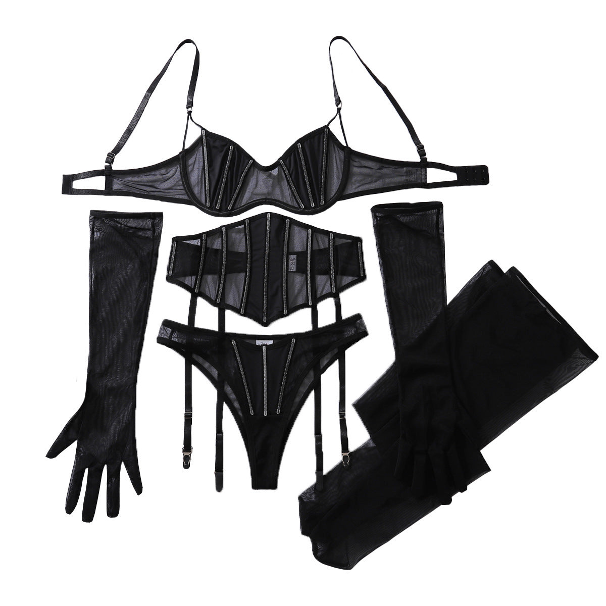 Black Ultra-Thin Sheer Mesh Patchwork Shapewear Five-Piece Set with Gloves