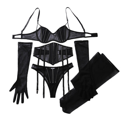 Black Ultra-Thin Sheer Mesh Patchwork Shapewear Five-Piece Set with Gloves