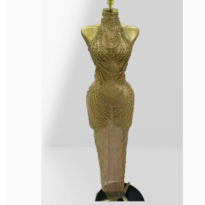 Luxury Gold Rhinestone Mesh Party Dress