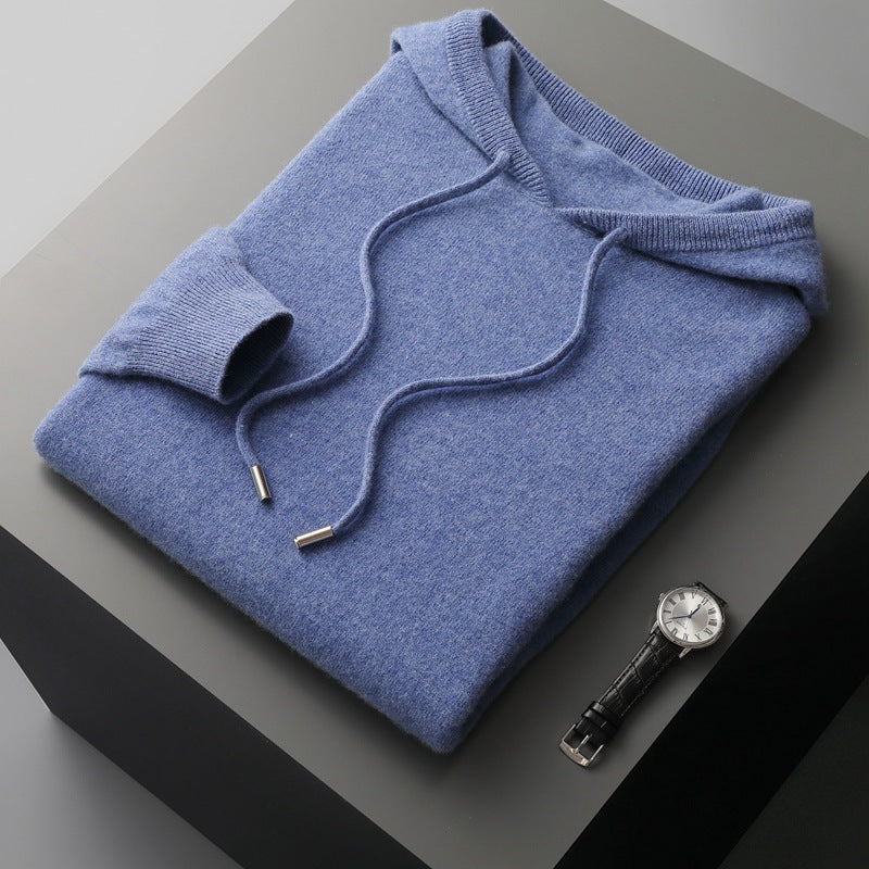 Mens Hooded Cashmere Blend Sweater Solid Color Long Sleeve Knit Pullover