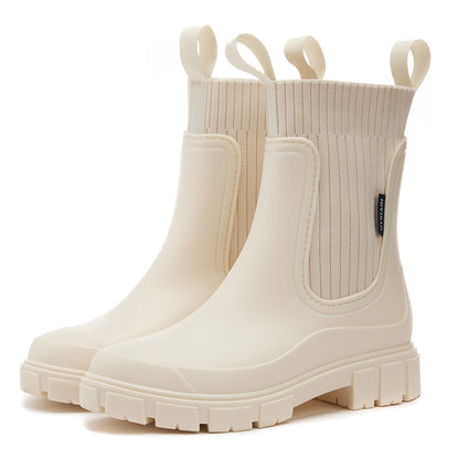 Women's Mid-Calf Waterproof PVC Non-Slip Rain Boots with Elastic Top