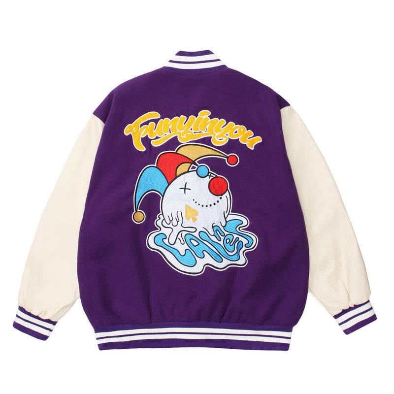 Amerikaans Borduurwerk Poker Clown PU-leren Mouw Honkbal Jacket Unisex
