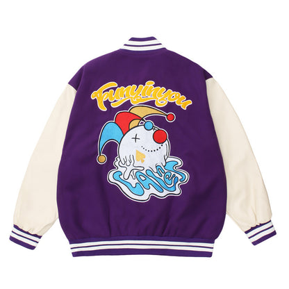 Amerikaans Borduurwerk Poker Clown PU-leren Mouw Honkbal Jacket Unisex
