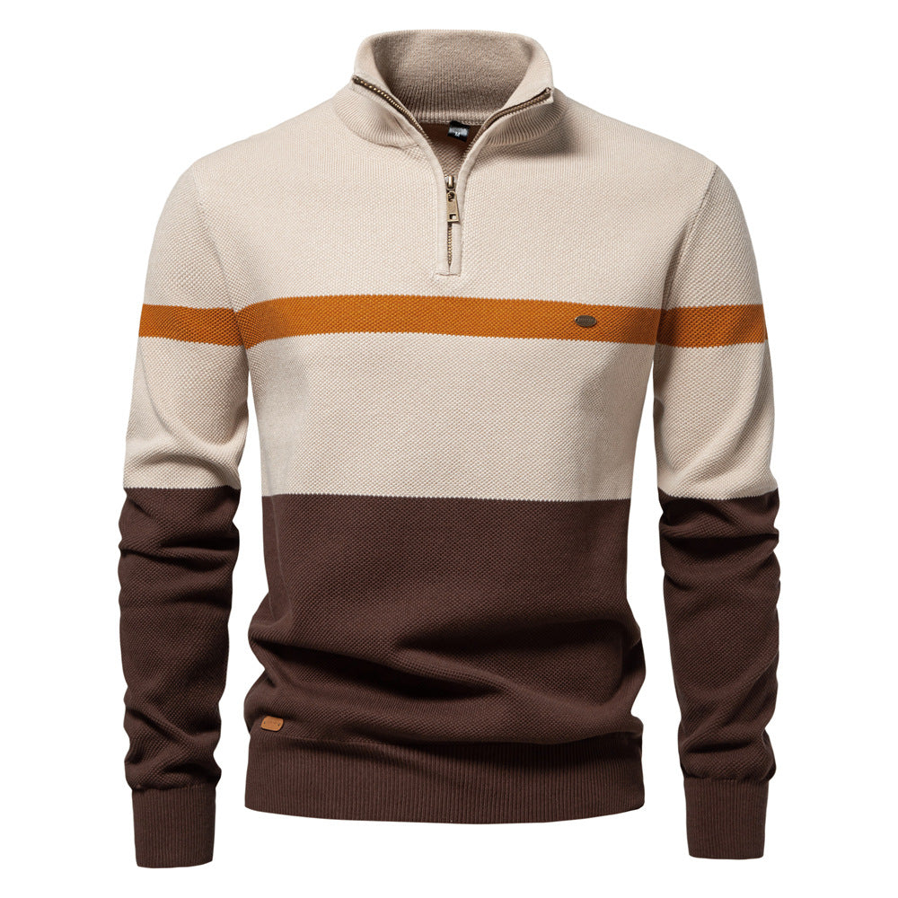 Men's Slim Fit Stand Collar Half-Zip Color-Block Knit Sweater