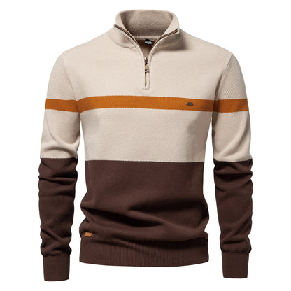 Men's Slim Fit Stand Collar Half-Zip Color-Block Knit Sweater