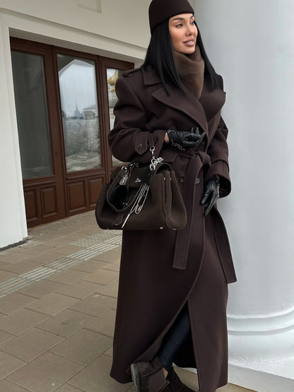 Women Casual Stand Collar Single Breasted Tie Long Coat