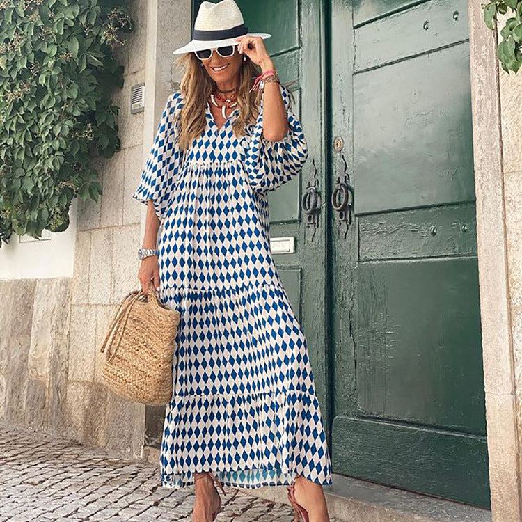 Geometric Print Puff Sleeve V-Neck Long Dress