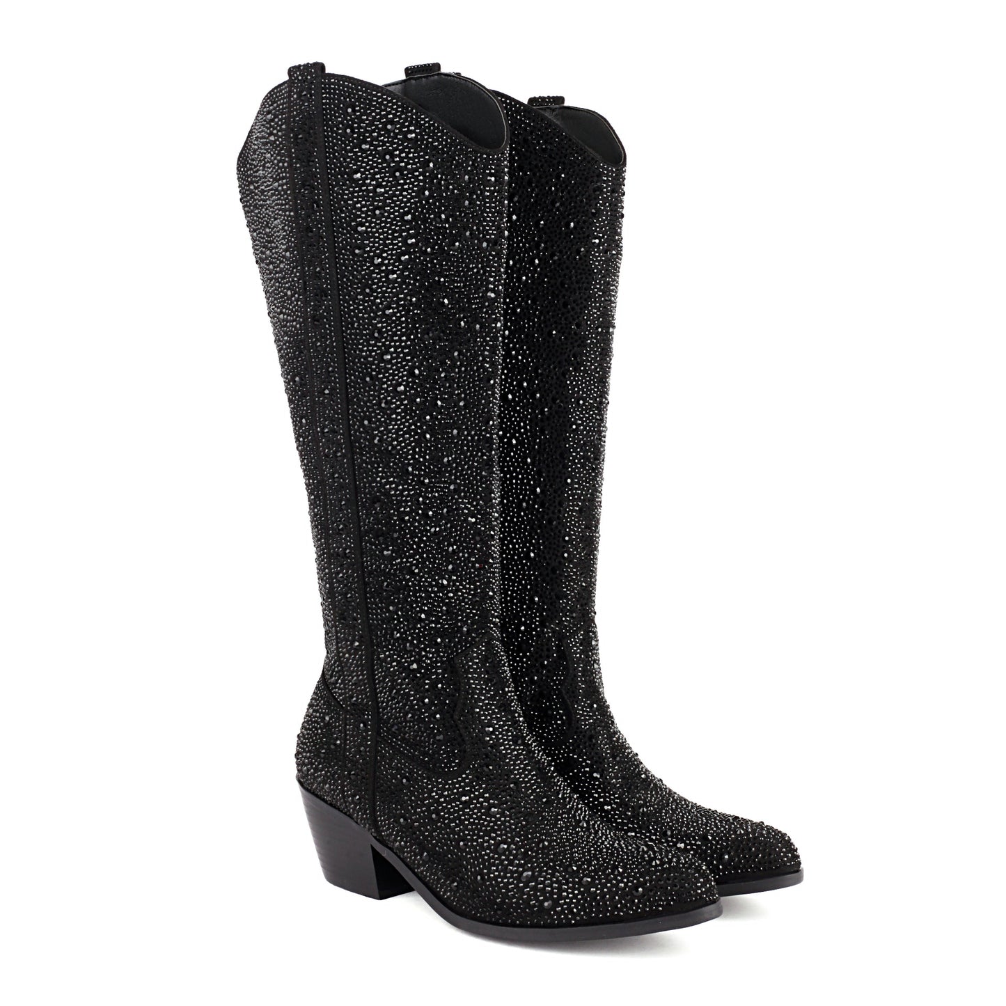 Rhinestone Chunky Heel Denim Boots