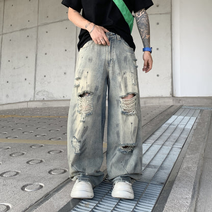 Men's Ripped Wide-Leg Denim Pants