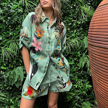 Womens Loose Printed Shirt Shorts Set