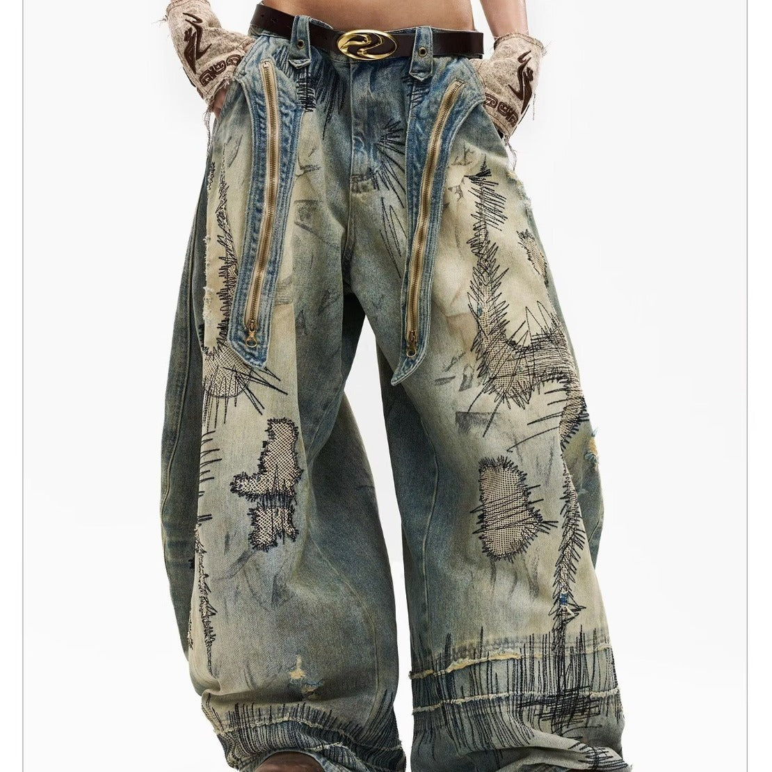 Loose Fit Distressed Embroidered Denim Pants
