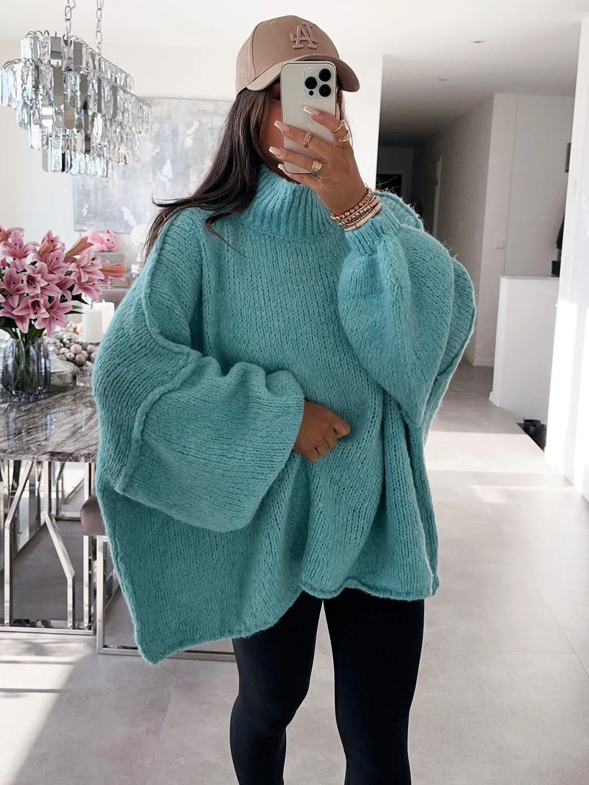 Cross-Border Amazon Foreign Trade New Thick Needle Reverse Bone Knitted Pullover Casual Loose Half Turtleneck Long-Sleeved Sweater for Women