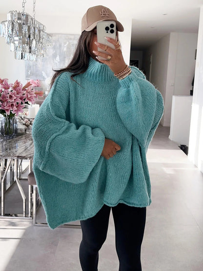 Cross-Border Amazon Foreign Trade New Thick Needle Reverse Bone Knitted Pullover Casual Loose Half Turtleneck Long-Sleeved Sweater for Women