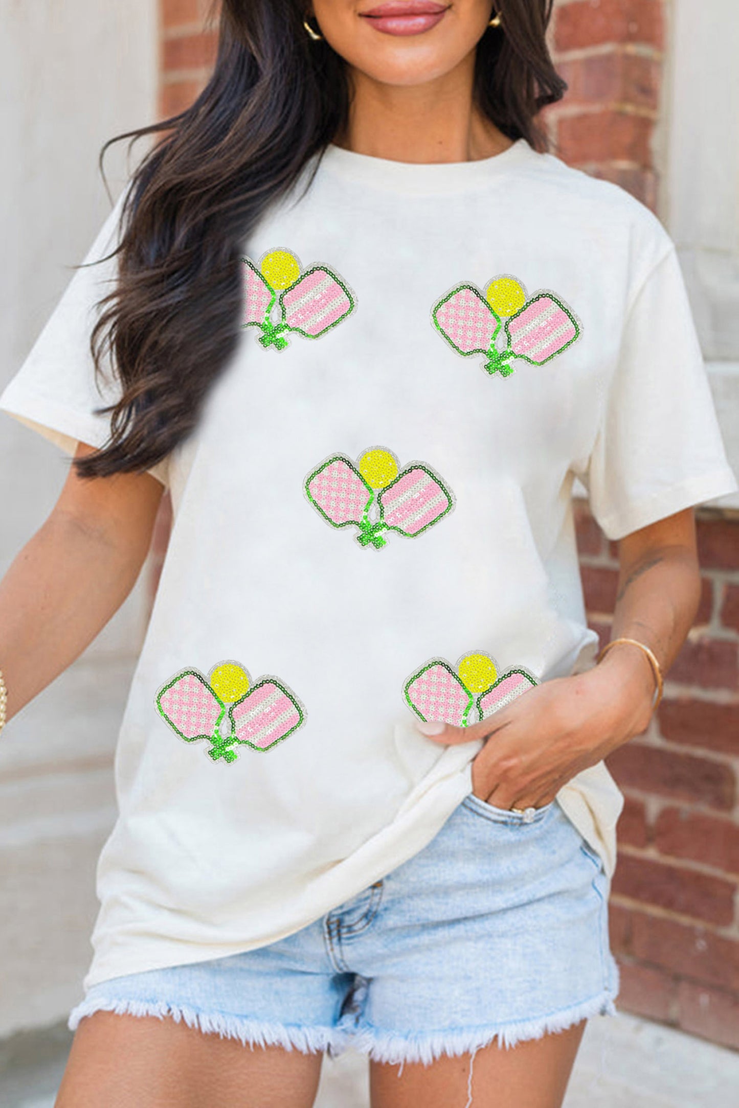 Witte pickleball-T-shirt met paillettenprint