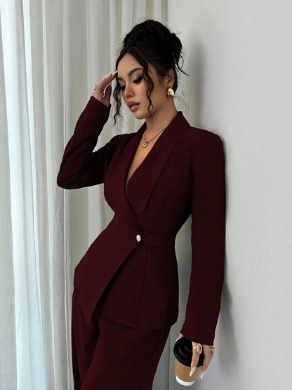 Women's V Neck Long Suit Jacket Wide Leg Pants Two Piece Set