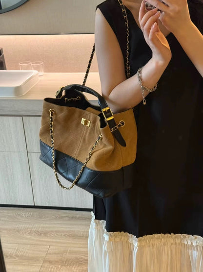Tweed Style Suede Tote Bag with Chain Strap