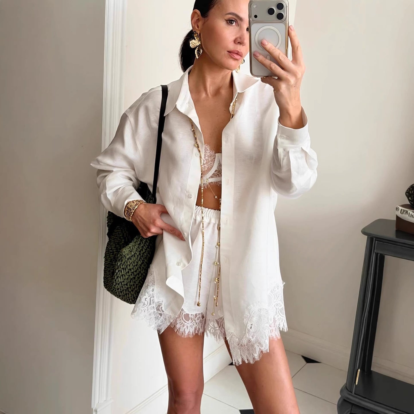 Women's Lapel Collar Blouse and Shorts Set