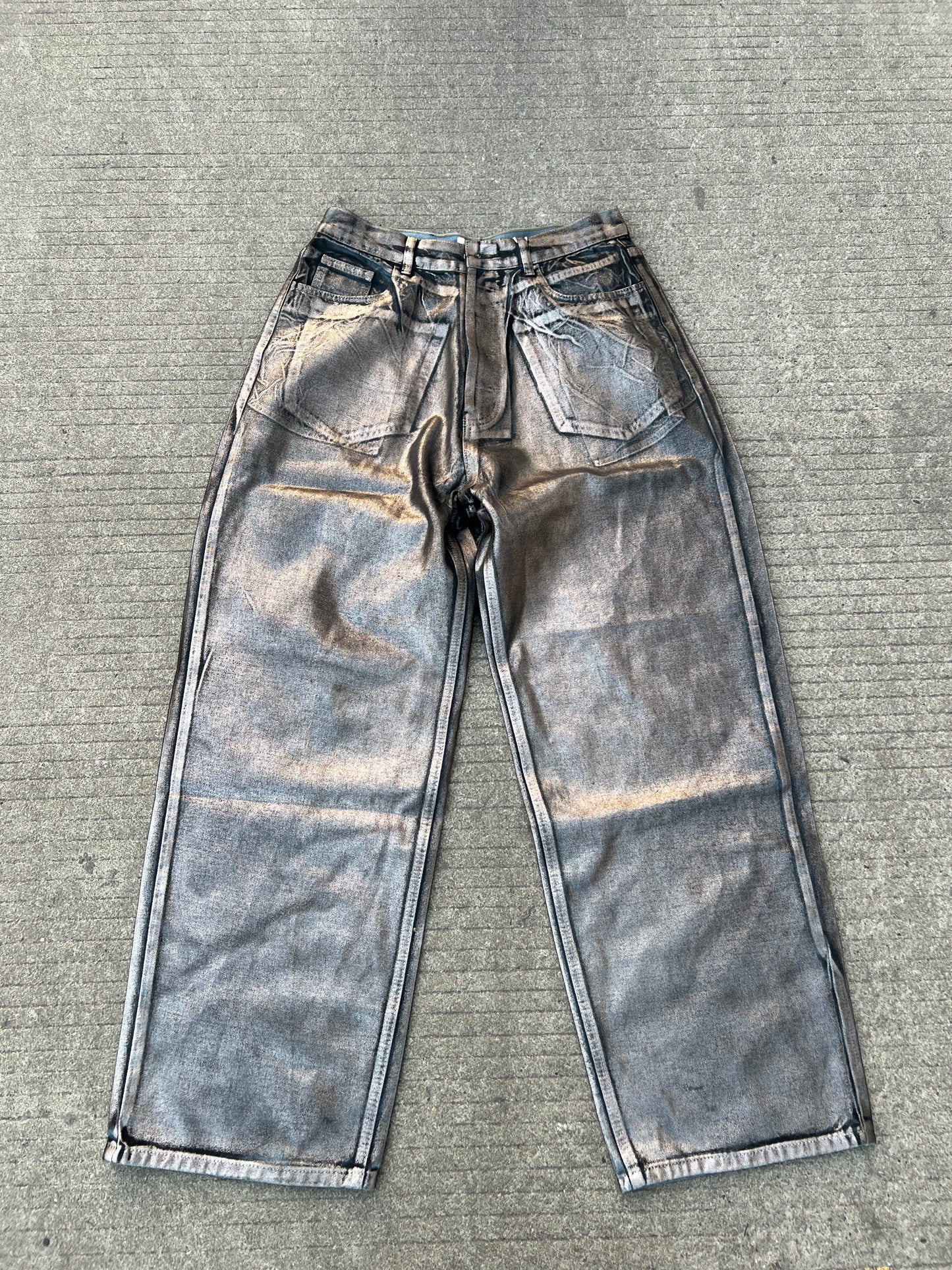 Distressed Brushed Wax Pocket Jeans Straight Wide Leg